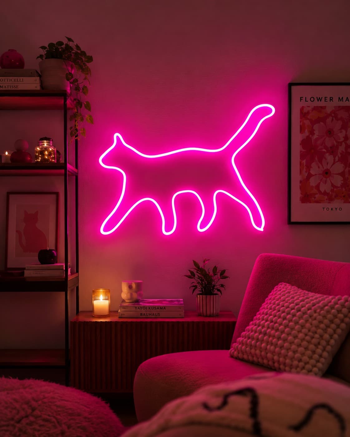 Kedi figürlü pembe neon LED tablo, oturma odasında
